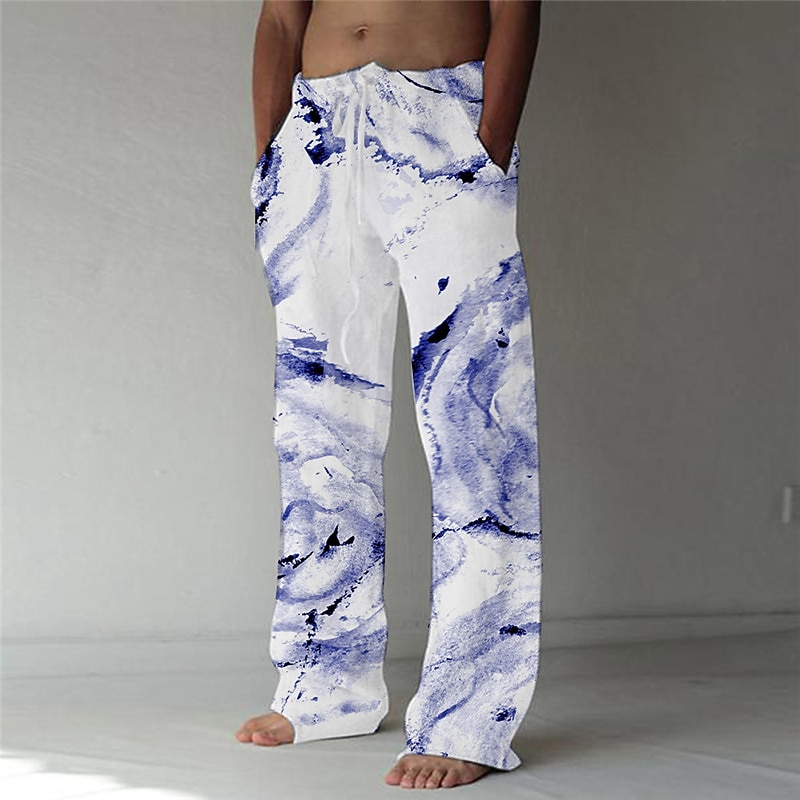 Men's Trousers Summer Pants Beach Pants Elastic Drawstring Design Front Pocket Straight Leg Graphic Prints Ink Painting Comfort Soft Casual Daily For Vacation Linen Like Fabric Fashion Designer Blue2