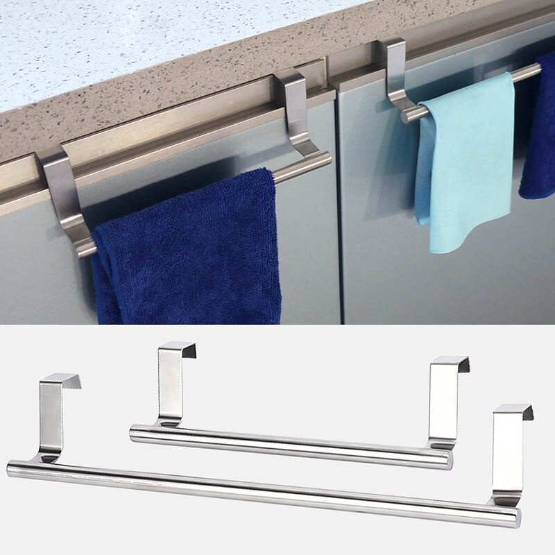 2 Pieces Punch Free Door Rear Hook Towel Rack Over Door Stainless Steel Single-bar Towel Rack Bathroom Kitchen Non-perforated Towel Rail Rag Rack Shelf Hanger2