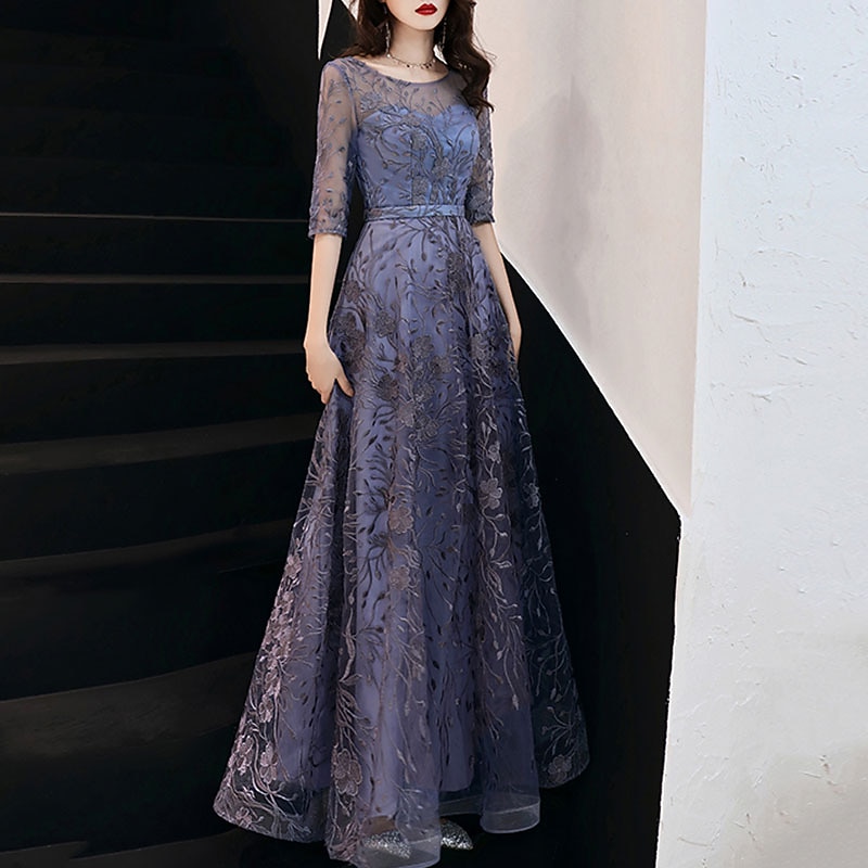 A-Line Evening Gown Elegant Dress Wedding Guest Formal Evening Floor Length Half Sleeve Jewel Neck Tulle with Embroidery Pattern / Print free custom size