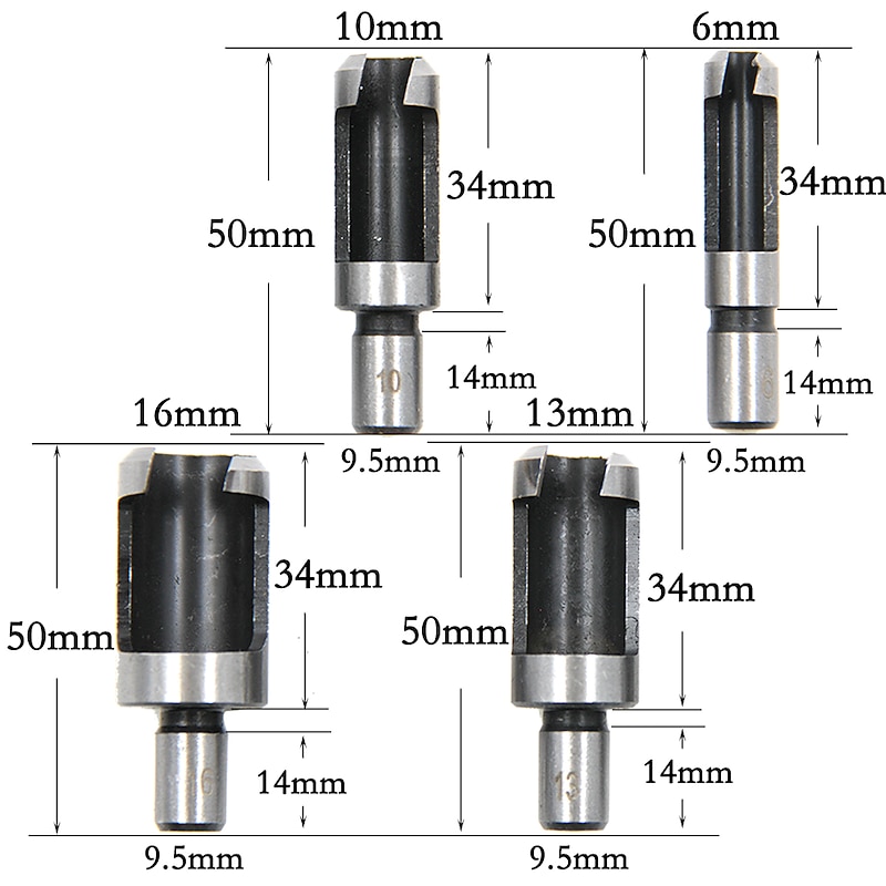 4pcs 6.3mm Round Shank Carbon Steel Wood Plug Cutter 6-8-13-16mm Woodworker Wood Drilling Tennon Plug Hole Cutters Drill Bit2