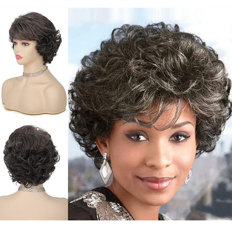 Short Grey Curly Wigs for Women Gray Layered Fluffy Synthetic Hair Soft Wigs with Bangs Natural Looking Cosplay Daily Use