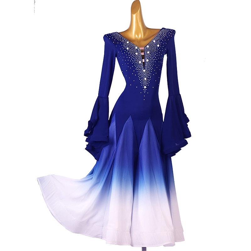 Ballroom Dance Dress Crystal / Rhinestone Pearls Women's Training Performance Long Sleeve High Chinlon Chiffon