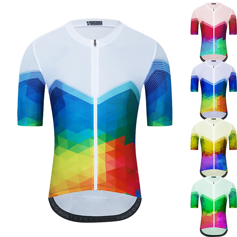 Men's Cycling Jersey Stripes Geometry Short Sleeve Bike Top with 3 Rear Pockets Mountain Bike MTB Road Bike Cycling Quick Dry Reflective Strips Back Pocket Moisture Wicking Sports White Yellow Red