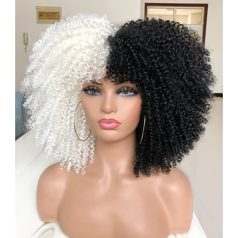 Short Curly Wig 14inch Afro Curly Wig with Bangs Heat-Resistant Synthetic Black and White Hair for Black Women Halloween Wigs3