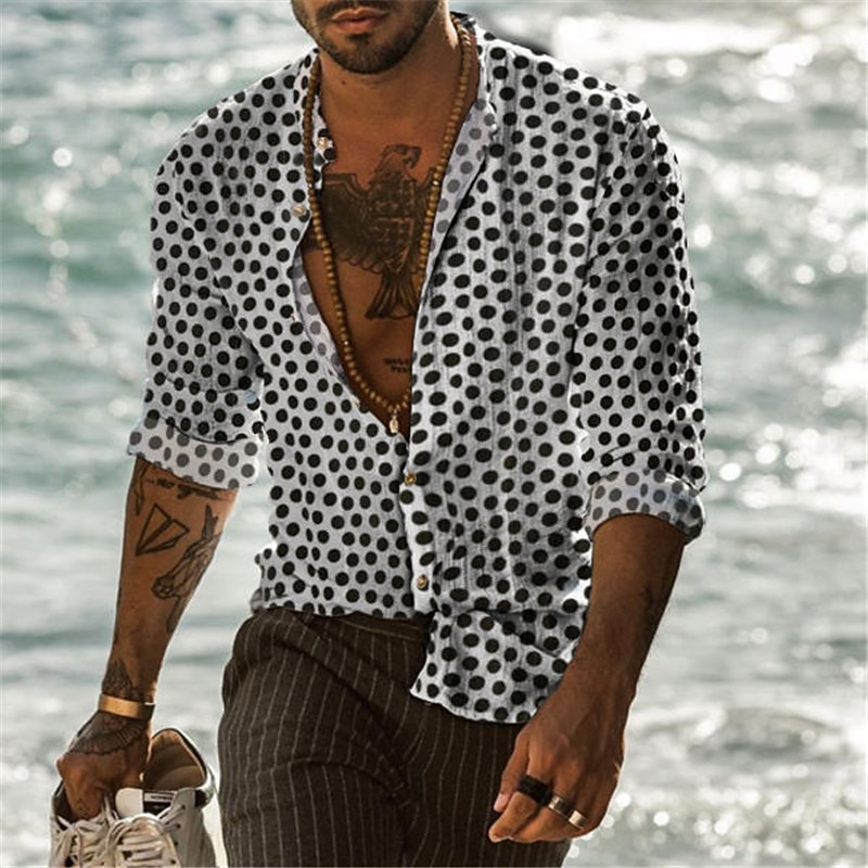 Men's Shirt Summer Shirt Button Up Shirt Black-White Black White Red Long Sleeve Polka Dot Collar Street Casual Button-Down Clothing Apparel Polyester Sports Fashion Classic Comfortable