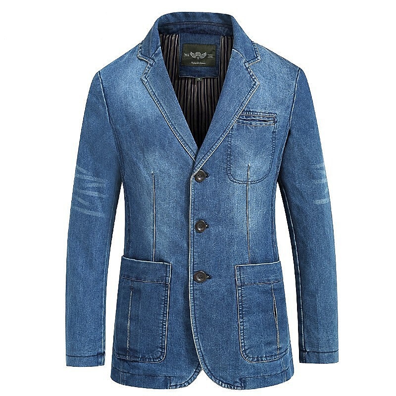 Men's Denim Jacket Blazer Sport Coat Casual Cocktail Attire Pocket Fall Winter Denim Contemporary Classic & Timeless Regular Denim Light Blue Navy Blue Jacket3