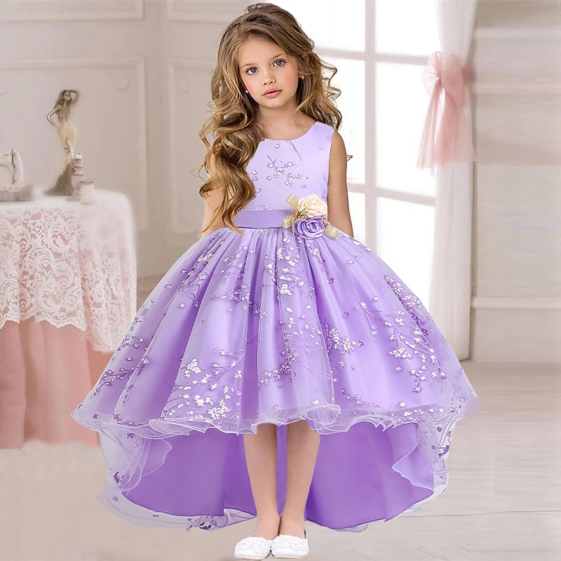 Kids Girls' Dress Floral Solid Colored Sleeveless Wedding Party Ruched Mesh Cute Princess Polyester Asymmetrical Floral Embroidery Dress A Line Dress Tulle Dress Summer Spring 3-12 Years Pink Wine2