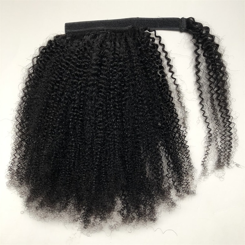 Hair Extensions Ponytail Extensions Afro Kinky Curly Human Hair Wrap Around Ponytail Remy Hair Extensions Clip in Hair Extensions with Magic Paste One Piece Hairpiece Hair For Women Natural Color3
