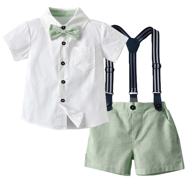 2 Pieces Ring Bearer Suit Boys Kids Shirt & Shorts Clothing Set Outdoor Street Fashion Cool Casual Solid Color Bow Pink Green Cotton2