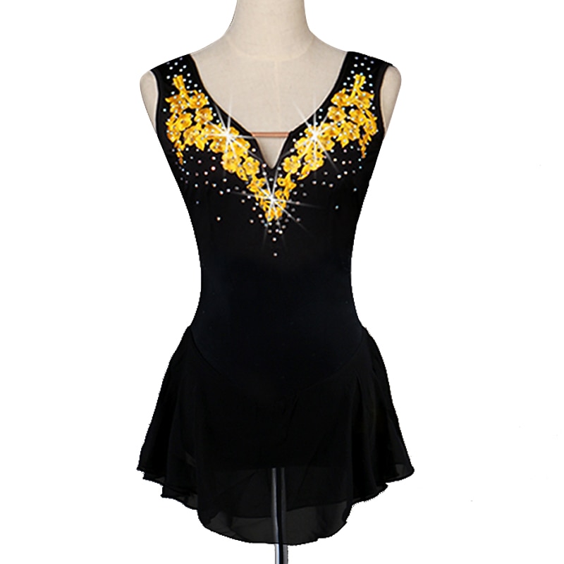 Figure Skating Dress Women's Girls' Ice Skating Dress White Yellow Open Back Patchwork Spandex High Elasticity Training Practice Professional Skating Wear Classic Crystal / Rhinestone Sleeveless Ice