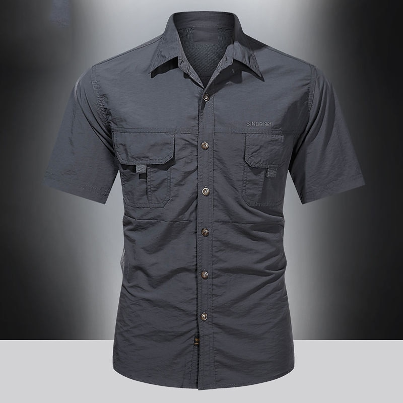 Men's Shirt Work Shirt Button Up Shirt Cargo Shirt Army Green Khaki Gray Short Sleeve Plain Turndown Outdoor Street Button-Down Clothing Apparel 100% Cotton Fashion Casual Breathable Comfortable