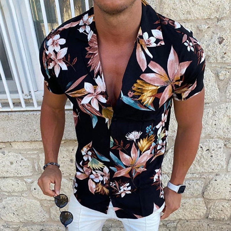 Men's Floral Hawaiian Aloha Shirt Summer Hawaiian Shirt Button Up Shirt Short Sleeve Fashion Designer Casual Outdoor Casual Daily Spring & Summer Turndown Button-Down Light Yellow Light Pink Black