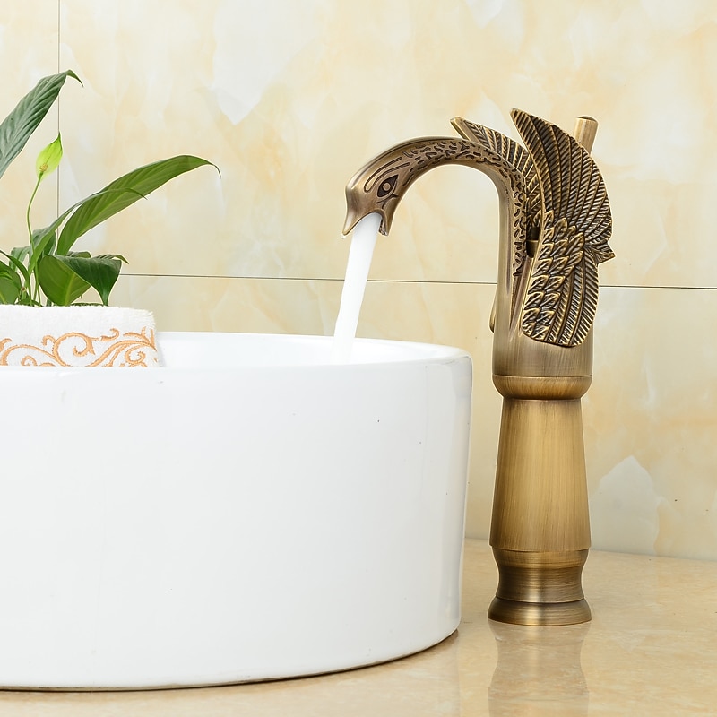 Retro Bathroom Sink Mixer Faucet Brass Swan Shap, Monobloc Washroom Basin Taps Single Handle One Hole Deck Mounted, Mono Water Vessel Tap Hot and Cold Hose Antique