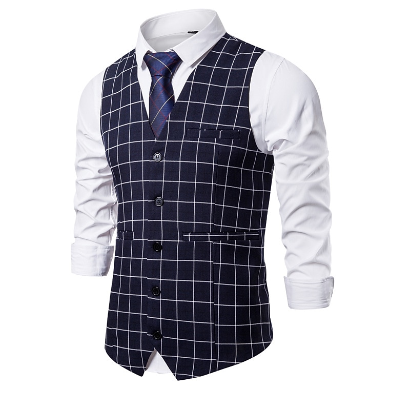 Men's Vest Waistcoat Wedding Daily Wear Going out Festival Business Basic Fall & Winter Pocket Polyester Breathable Soft Comfortable Plaid Single Breasted V Neck Regular Fit Camel ash-colored Dark4
