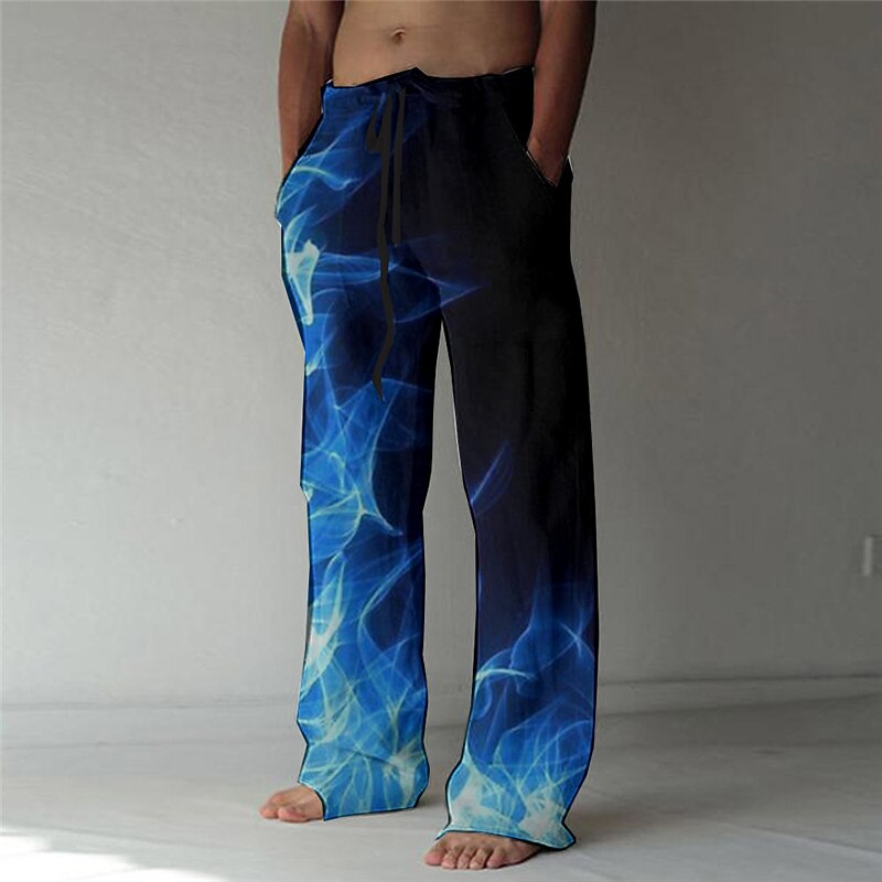 Men's Trousers Summer Pants Beach Pants Elastic Drawstring Design Front Pocket Straight Leg Graphic Prints Flame Comfort Soft Casual Daily For Vacation Linen Like Fabric Fashion Designer Blue Purple