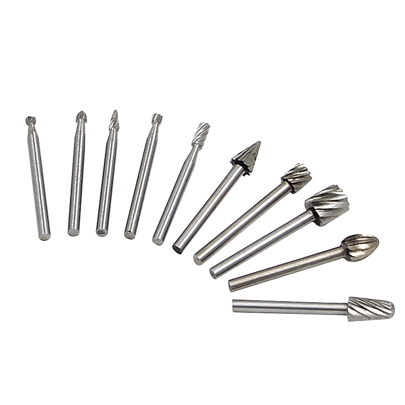 10pcs 1/8'' Shank HSS Steel Rotary Burrs Cutter Engraving Grinding Bit For Rotary File Cutter Tools Woodworking DIY