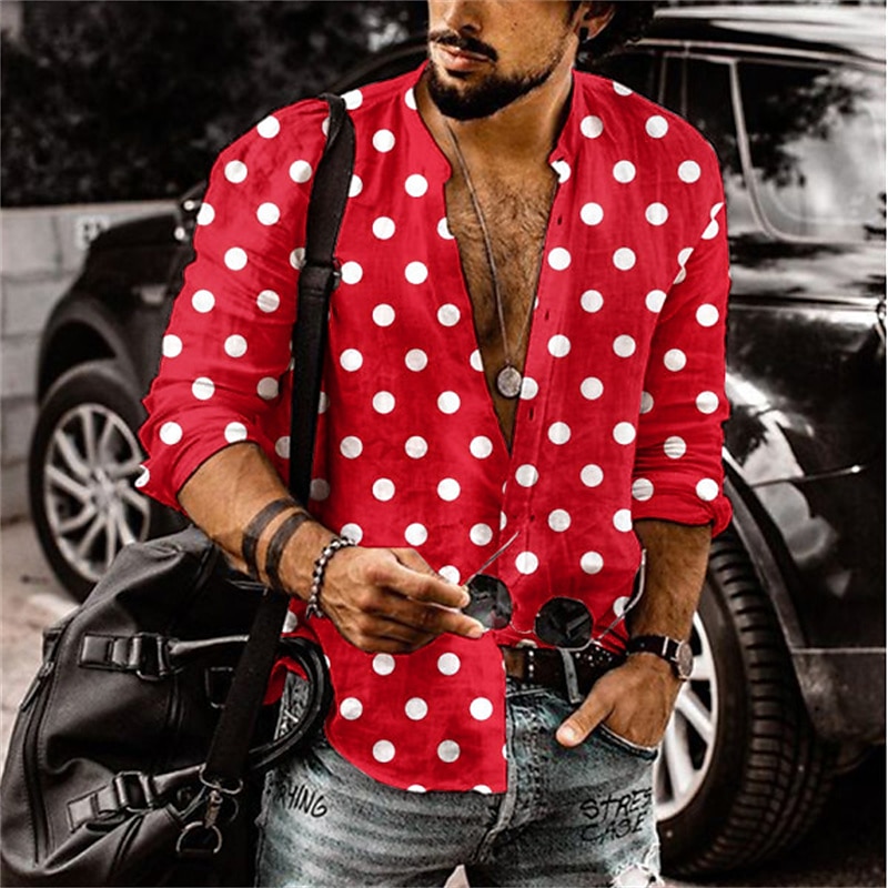 Men's Shirt Summer Shirt Button Up Shirt Red Blue Gray Long Sleeve Polka Dot Stand Collar Outdoor Street Button-Down Clothing Apparel Polyester Fashion Casual Breathable Comfortable