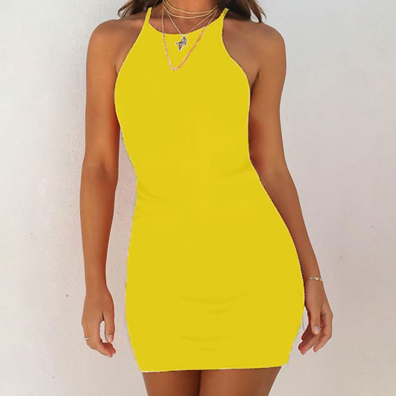 Women's Mini Dress Casual Dress Sheath Dress Sundress Hot Basic Party Daily Holiday Slim Pure Color Sleeveless Halter Neck Black White Yellow Pink Summer Spring4
