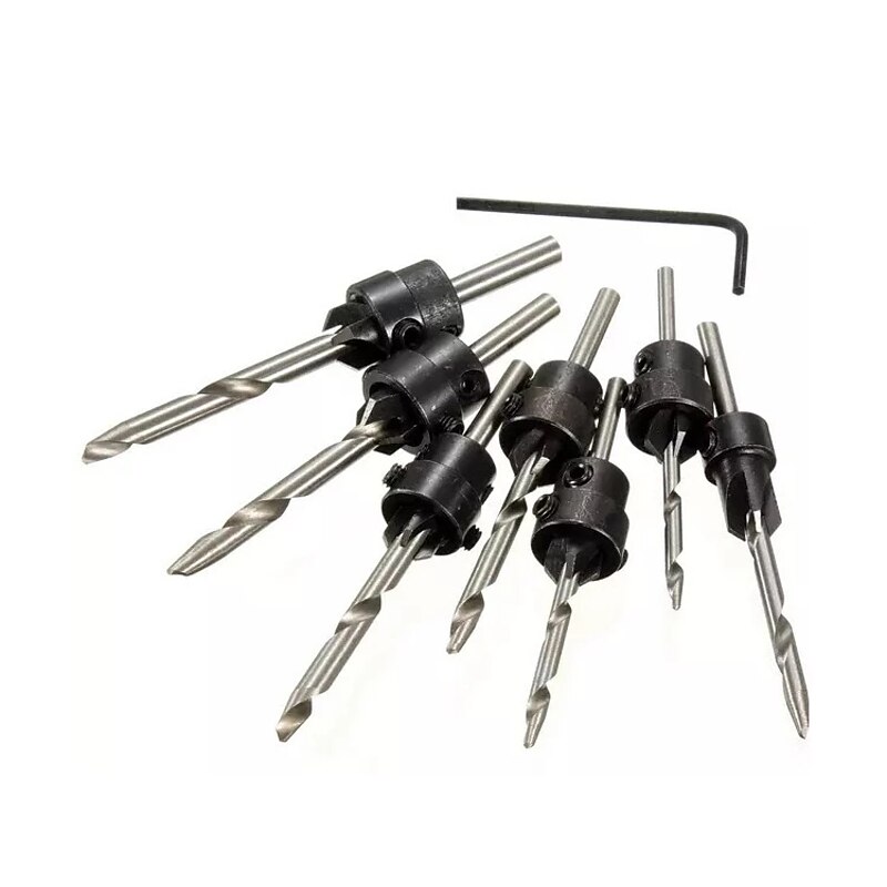 Countersink Drill Bits With Adjustable Depth Stop Collar Wood Woodworking 7pc Drilling Hole Saw 4 Flute