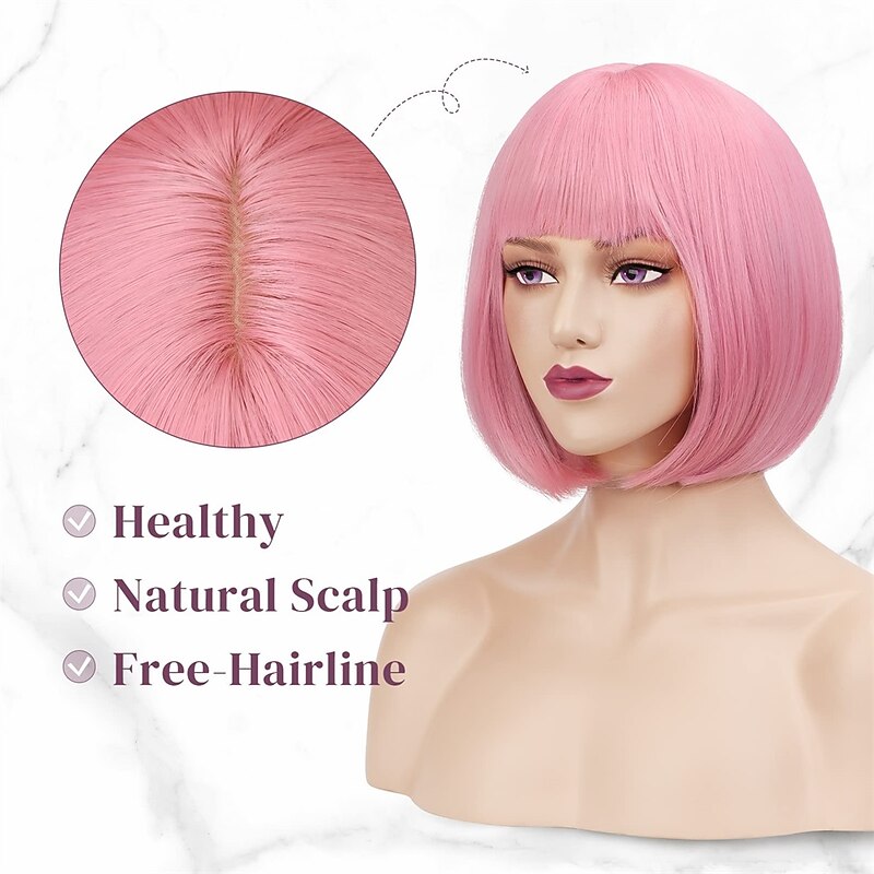 Pink Bob Wig LONAI 12 Short Pink Wigs With Bangs For Women Synthetic Hairpieces Natural Looking Hair For Cosplay Party Daily Use4