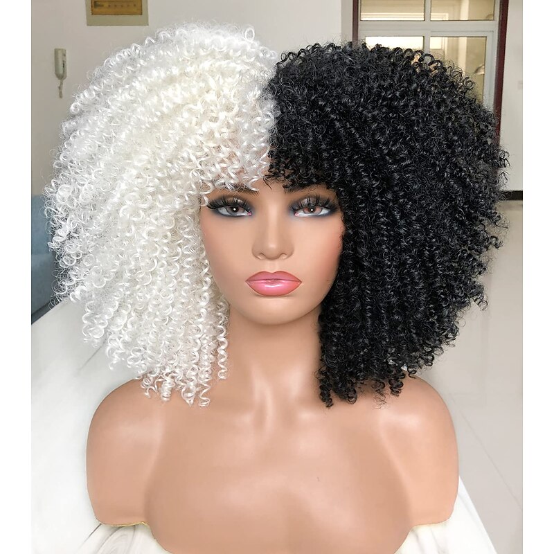 Short Curly Wig 14inch Afro Curly Wig with Bangs Heat-Resistant Synthetic Black and White Hair for Black Women Halloween Wigs