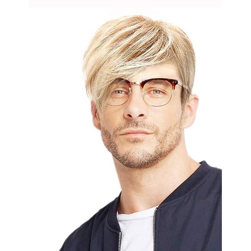 Mens Short Blonde Wig Natural Hair Replacement Synthetic   Hair Wigs (Light Blonde) Halloween Wigs