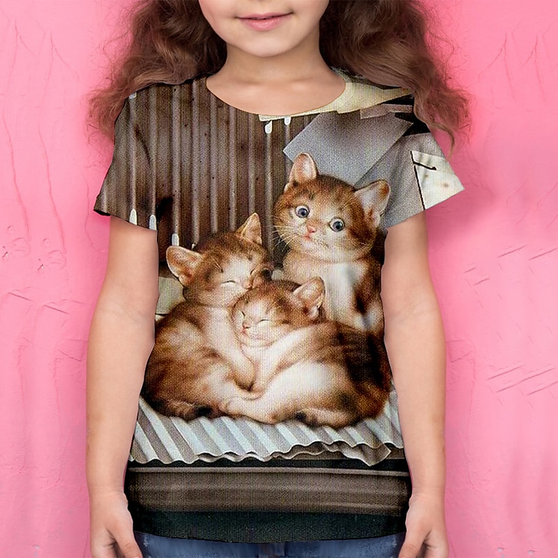 Girls' 3D Animal Cat T shirt Tee Short Sleeve 3D Print Summer Active Polyester Kids 4-12 Years School Daily Wear Regular Fit3
