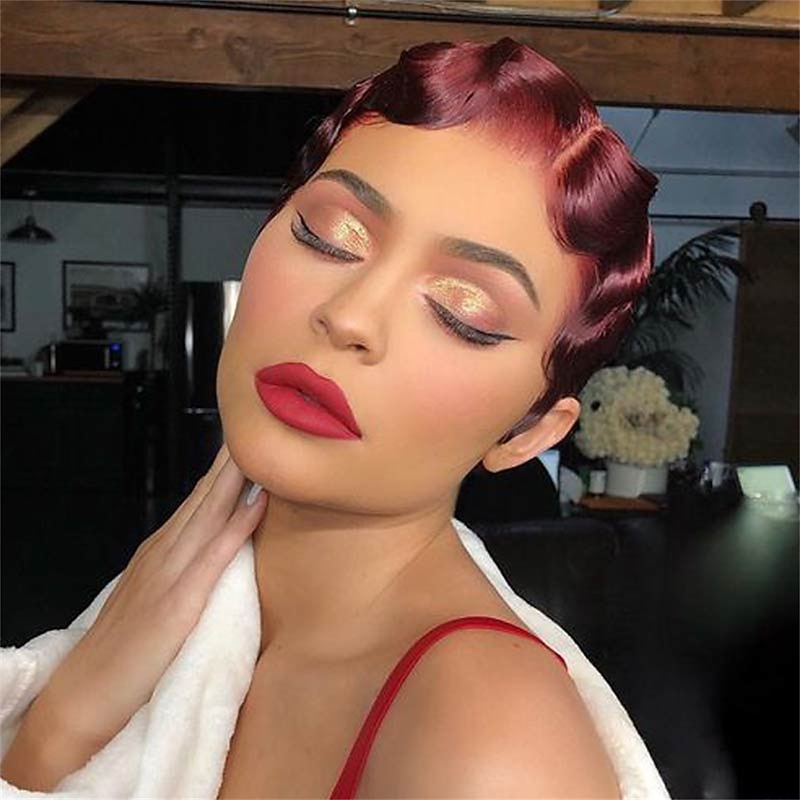 Full Machine Made Wigs Short Finger Waves Hairstyles Remy Human Hair Wavy Pixie Cut None Lace Wig  Brown Natural Dark Brown