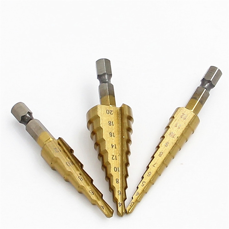 3pcs HSS Step Drill Straight Grooved Core Cone With Center Punch Bits1/4 Hex Shank 3mm to 12mm 4mm To 12mm 20mm Chamfer Hole Cut Cutter4