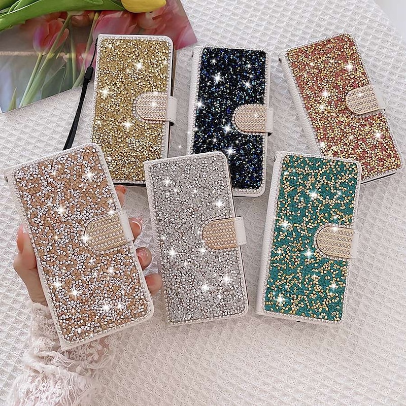 Phone Case For Samsung Galaxy S25 S24 S23 S22 S21 FE S21 Ultra Plus A55 5G A35 5G A25 A15 Wallet Case Bling Rhinestone with Phone Strap Glitter Shine Crystal Diamond PU Leather