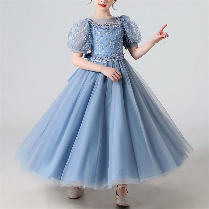 Kids Girls' Dress Plants Short Sleeve Party Birthday Mesh Embroidered Cute Princess Polyester Maxi Tulle Dress Summer Spring 4-13 Years White Pink Blue3