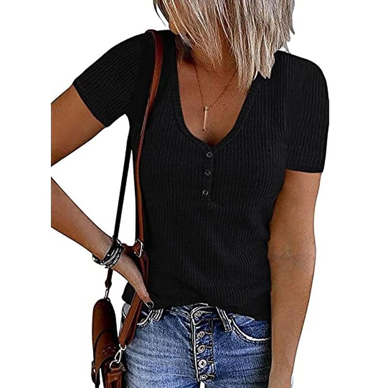 Women's Henley Shirt T shirt Tee Black White Pink Plain Button Short Sleeve Casual Daily Sexy Round Neck Regular S3