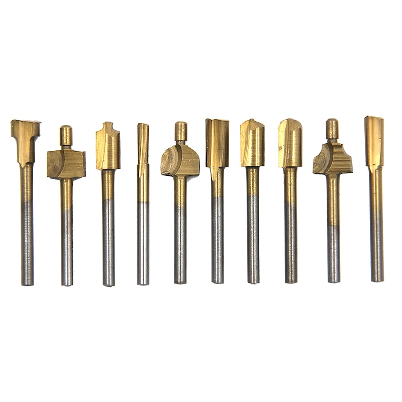 10PCS Titanium  Router Bits Set Mini Shank High Speed Steel Drill Bits Files Rotary For Woodden Cutter Tools