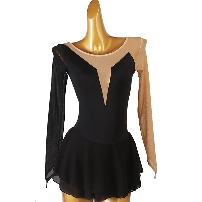 Figure Skating Dress Women's Girls' Ice Skating Dress Black Patchwork Open Back Mesh High Elasticity Training Competition Skating Wear Classic Long Sleeve Ice Skating Figure Skating