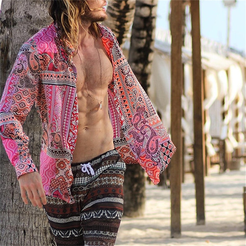 Men's Paisley Tribal Shirt Boho Shirt Long Sleeve Fashion Designer Casual Outdoor Casual Daily Spring &  Fall Turndown 3D Button-Down Light Pink Yellow Blue Green2