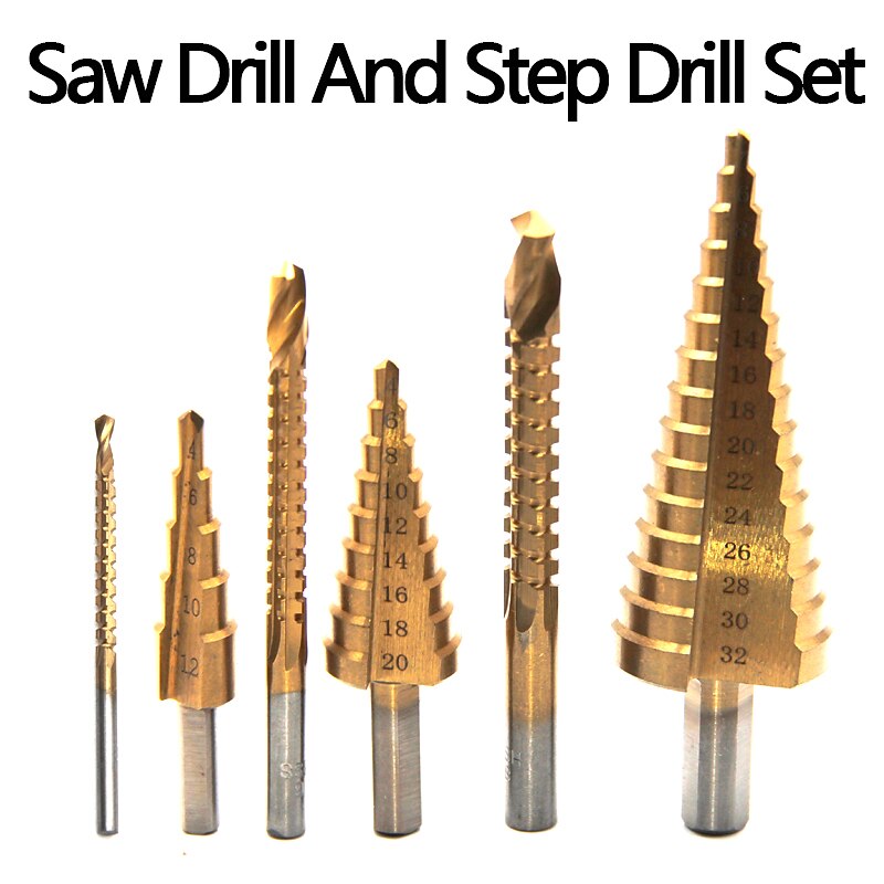 6 Pcs Titanium Plating Drill Bit Set 2022 High Speed Reaming Pagoda Sawtooth Set Premium Metal Step Drill Bit Multiple Hole Stepped Up Bits for DIY Lovers 5