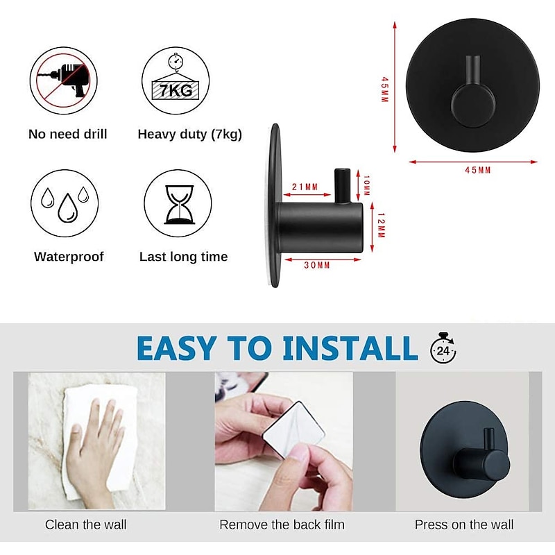 4pcs Wall Hooks Self-adhesive Durable 304 Stainless Steel Wall Hangers Waterproof Rustproof for Kitchen Bathrooms 3M3