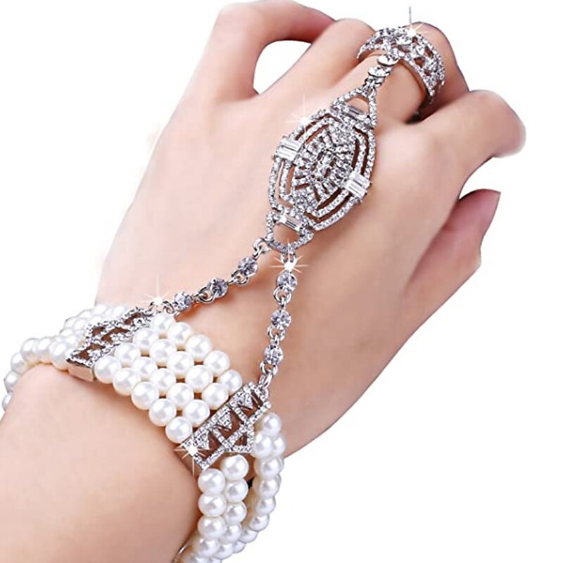 1920s Flapper Bracelet Ring Set Roaring 20s The Great Gatsby Art Deco Pearl Crystals Jewerly Accessories2