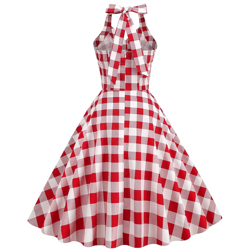 Women's 1950s Audrey Hepburn Halter Swing Dress 100% Cotton Flare Dress Retro Vintage Gingham Check Dailywear Tea Party Casual Daily Sleeveless Fit & Flare Dress Christmas4
