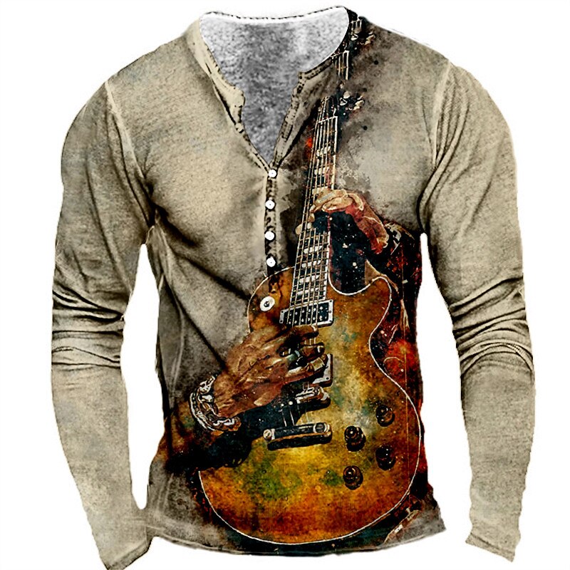 Men's Graphic Guitar T shirt Henley Shirt Tee Long Sleeve 3D Print Designer Basic Classic Outdoor Daily Sports Spring &  Fall Yellow Red Blue Purple Khaki Henley Henley T-Shirt2