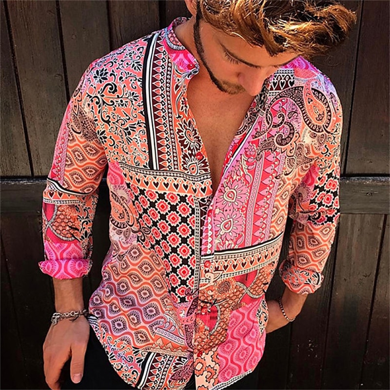 Men's Paisley Tribal Shirt Boho Shirt Long Sleeve Fashion Designer Casual Outdoor Casual Daily Spring &  Fall Turndown 3D Button-Down Light Pink Yellow Blue Green3