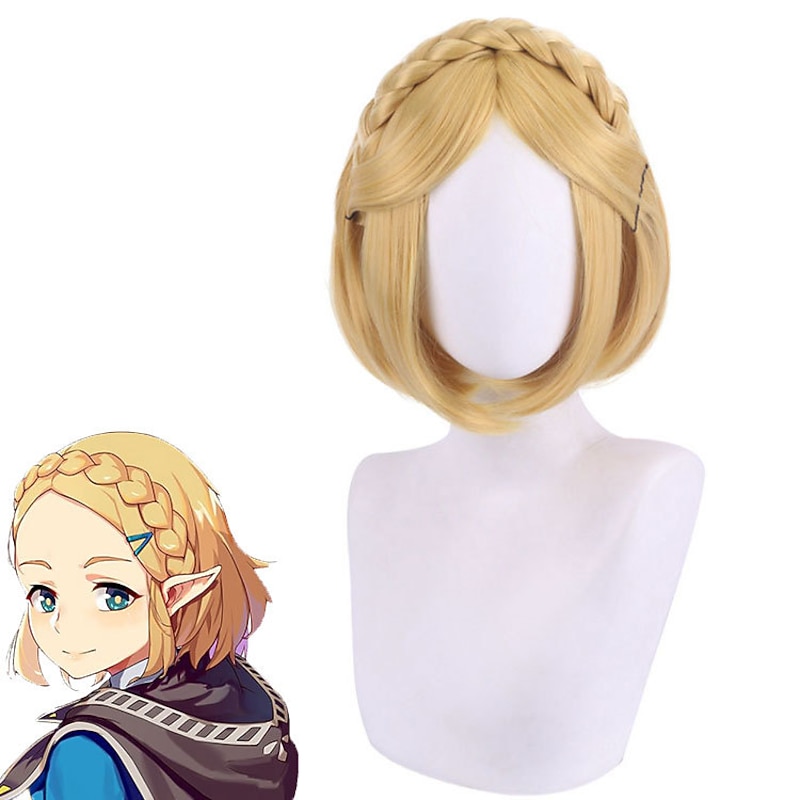 Blonde Bob Wig The Legend of Zelda Zelda Cosplay Wigs Women's Bob Braid 14 inch Heat Resistant Fiber Curly Plaited Blonde Teen Adults' Anime Wig Halloween Wig