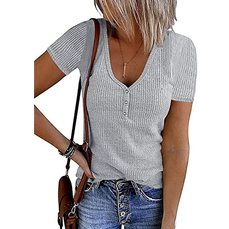 Women's Henley Shirt T shirt Tee Black White Pink Plain Button Short Sleeve Casual Daily Sexy Round Neck Regular S4