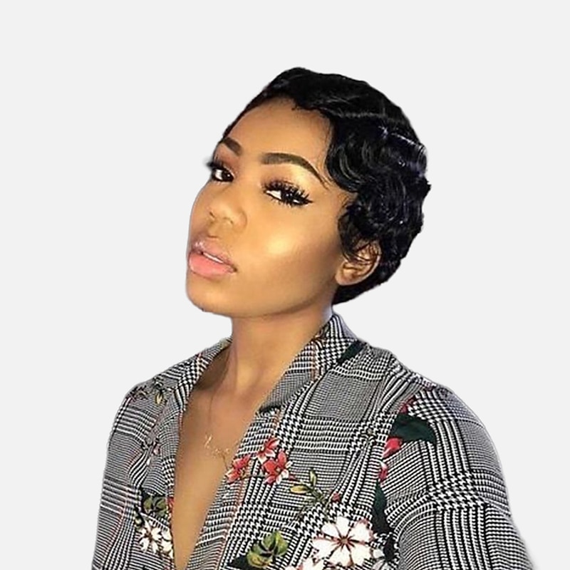 Full Machine Made Wigs Short Finger Waves Hairstyles Remy Human Hair Wavy Pixie Cut None Lace Wig  Brown Natural Dark Brown4