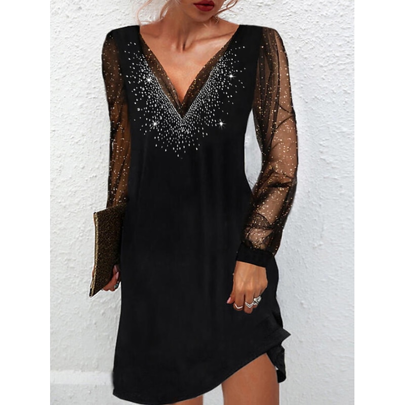 Women's Mini Dress Black Dress Sequin Dress Casual Dress Cocktail Dress Fashion Stylish Romantic Winter Dress Date Going out Regular Fit Print Long Sleeve Deep V Black Summer Spring