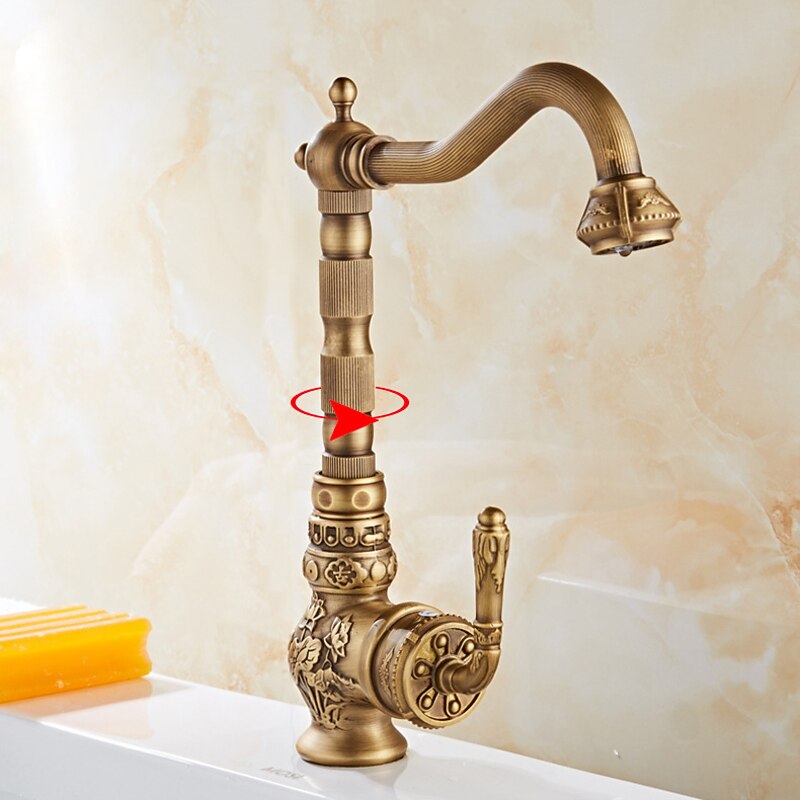 Traditional Kitchen Sink Mixer Faucet, Antique Brass Single Handle Taps Standard Spout Deck Mounted Retro Vintage Style Kitchen Tap with Cold and Hot Hose3