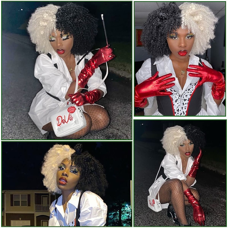 Short Curly Wig 14inch Afro Curly Wig with Bangs Heat-Resistant Synthetic Black and White Hair for Black Women Halloween Wigs2