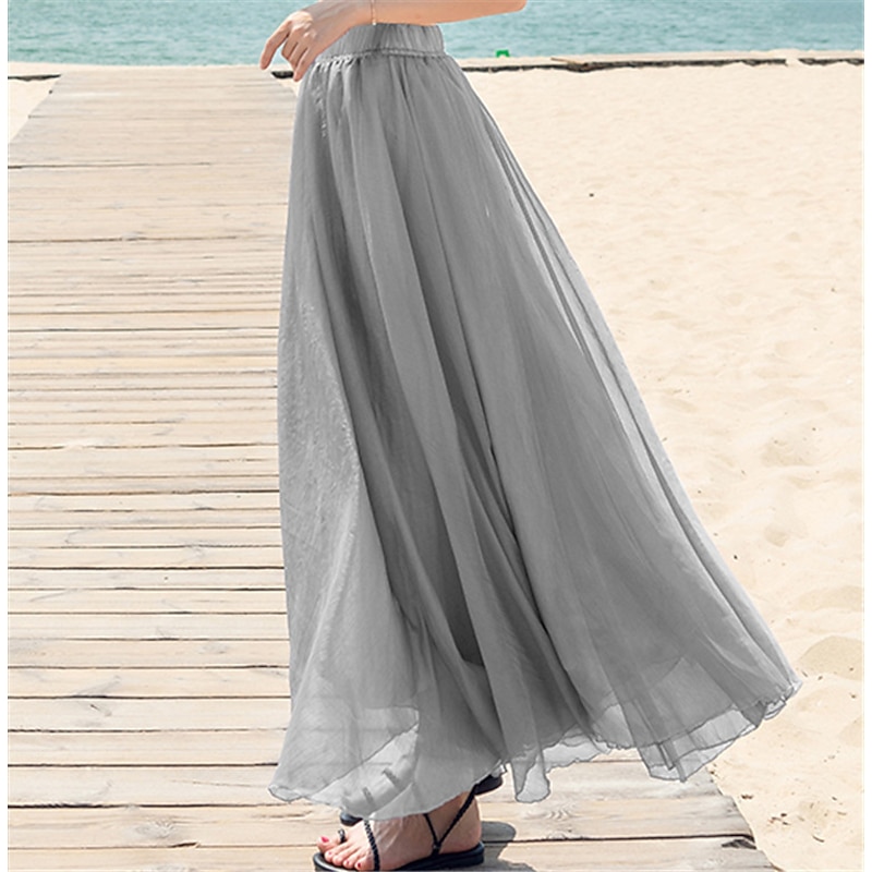 Women's Skirt Swing Long Skirt Maxi Skirts Layered Solid Colored Casual Daily Beach Summer Chiffon Fashion Summer Black White Yellow Pink4