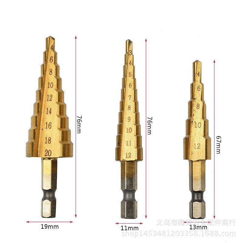 3pcs HSS Step Drill Straight Grooved Core Cone With Center Punch Bits1/4 Hex Shank 3mm to 12mm 4mm To 12mm 20mm Chamfer Hole Cut Cutter3