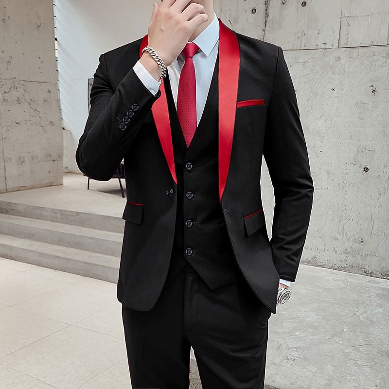 Men's Wedding Party Tuxedos Black Red Solid Color Standard Fit 3 Piece Single Breasted One-button